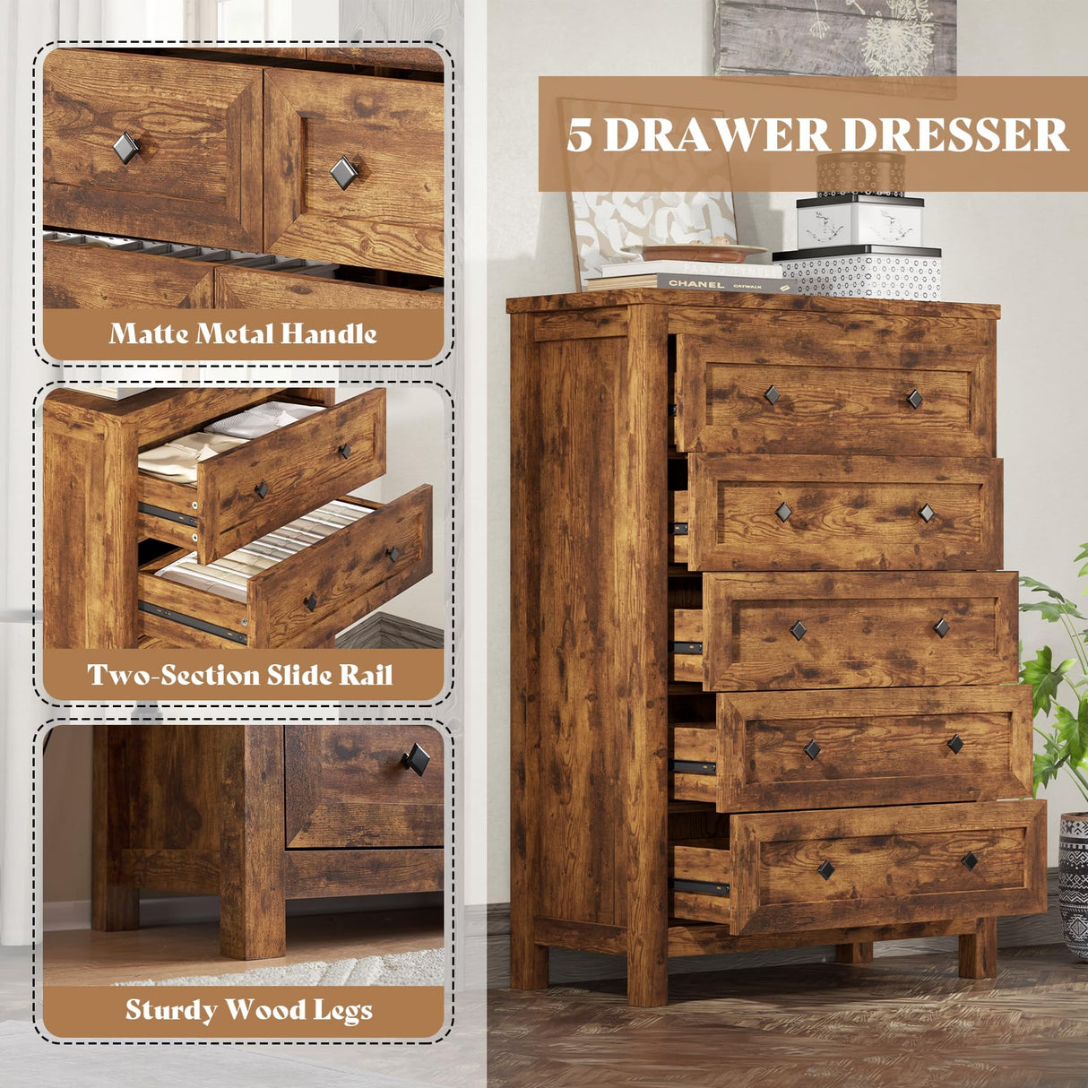 AMERLIFE 5 Drawers Dresser for Bedroom, Farmhouse Wood 47" Tall Dresser for Closet, Natural Texture Chest of Drawers for Bedroom, Living Room, Hallway and Entryway, Rustic Brown AMERLIFE