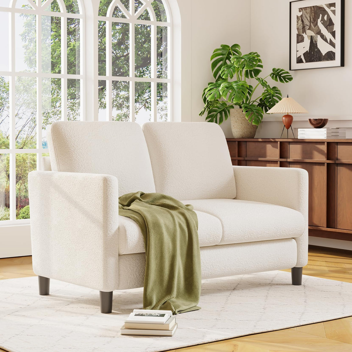 Welzona Loveseat Sofa, 51" Love Seat, Comfy Teddy Small Loveseat for Small Spaces, Tool-Free Setup Small Couch for Bedroom, All-Wood Small Couches for Small Spaces, No Pillow Include, Beige Welzona