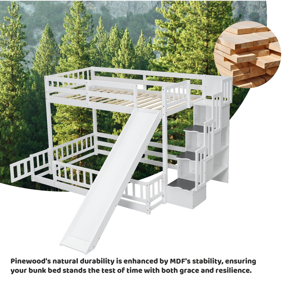 Duxelifin Twin Over Full Bunk Beds with Slide and Stairs, Low Bunk Bed Frame with Rails, Convertible Wood Bunk Bed with Storage Staircase for Kids Boys Girls, White Duxelifin