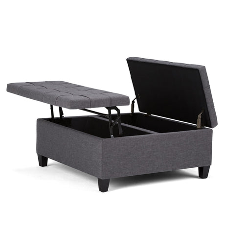 SIMPLIHOME Harrison 36 inch Wide Transitional Square Coffee Table Storage Ottoman in Slate Grey Linen Look Fabric, Assembled, For the Living Room and Bedroom SIMPLIHOME