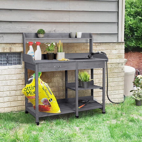 Yaheetech Outdoor Potting Bench Table Potters Benches Garden Workstation for Horticulture with Drawer/Adjustable Shelf Rack/Removable Sink/Hooks/Pads, Gray Yaheetech