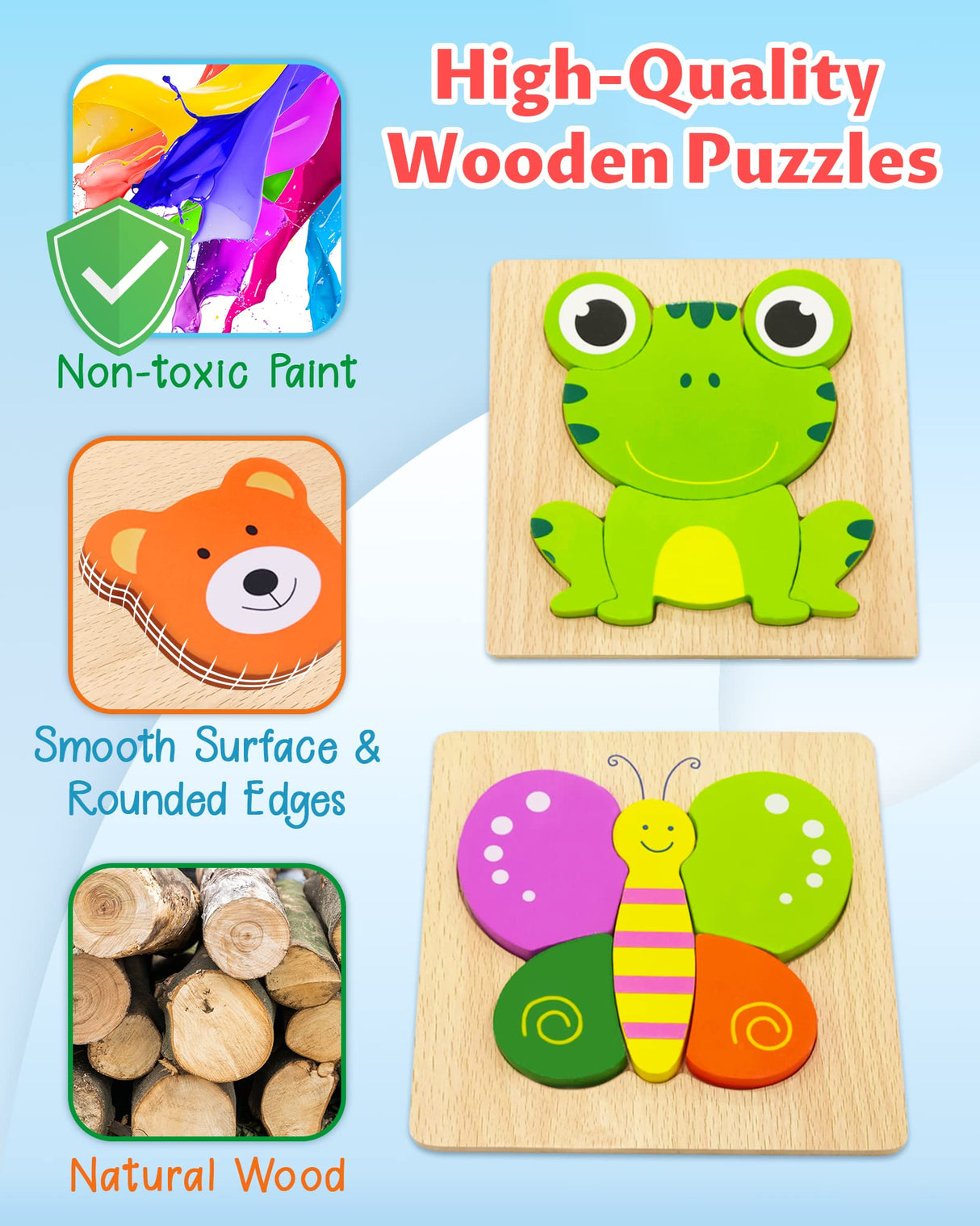 Bekayshad Wooden Puzzles Toddler Toys Gifts for 1 2 3 Year Old Boys Girls, 4 Pack Animal Jigsaw Puzzles Montessori Toys, Learning Educational Christmas Birthday Gifts for Girls Boys Ages 1-3 Bekayshad
