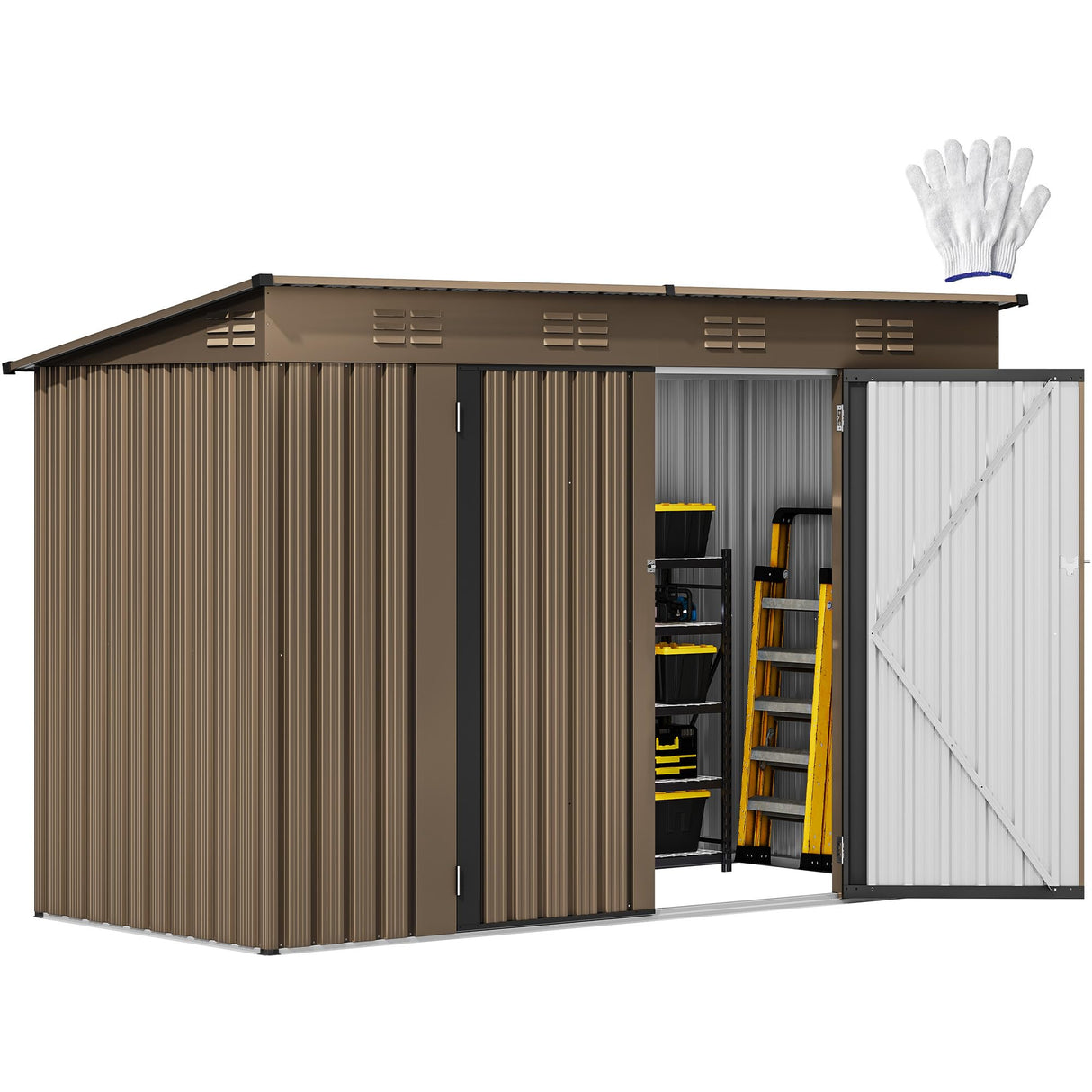 DWVO 9.1x4.2ft Large Outdoor Storage Shed, Metal Tool Sheds, Heavy Duty Tool Storage with Lockable Doors & Air Vent for Backyard Patio Lawn to Store Bikes, Tools, Lawnmowers,Brown DWVO