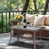 VINGLI Outdoor Coffee Table with Storage Wicker Patio Coffee Table, Tempered Glass Top Coffee Table for Patio Outside Balcony Porch Deck (Brown) VINGLI