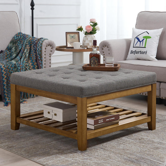 Befurtori Upholstered Coffee Table Tufted Linen Large Square Ottoman with Beech Wood Shelf and Frame, Oversized Footrest Ottoman for Living Room, Granite