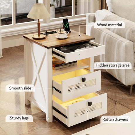 FREDEES Bedside Table set of 2 with Drawers, End Table with Charging Station, LED Night Stand with Human Sensor Light, Rattan Nightstand for Bedroom, White FREDEES