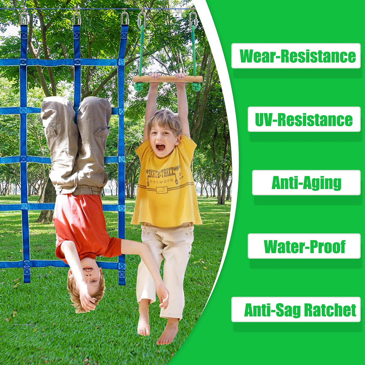AMCCM Ninja Warrior Obstacle Course for Kids -Slackline Kit 65FT with 15 Sturdy Attachments Like Obstacle Net, Swing, Monkey Bar - Ninja Course for Kids Outside Multicolour AMCCM