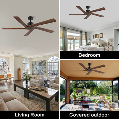 WINGBO 64 Inch DC Ceiling Fan without Lights, 5 Reversible Carved Solid Wood Blades, 6-Speed Noiseless DC Motor, Ceiling Fan No Light with Remote, Matte Black Finish with Walnut Blades, ETL L - WoodArtSupply