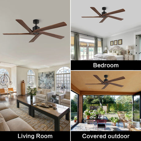 WINGBO 64 Inch DC Ceiling Fan without Lights, 5 Reversible Carved Solid Wood Blades, 6-Speed Noiseless DC Motor, Ceiling Fan No Light with Remote, Matte Black Finish with Walnut Blades, ETL Listed WINGBO