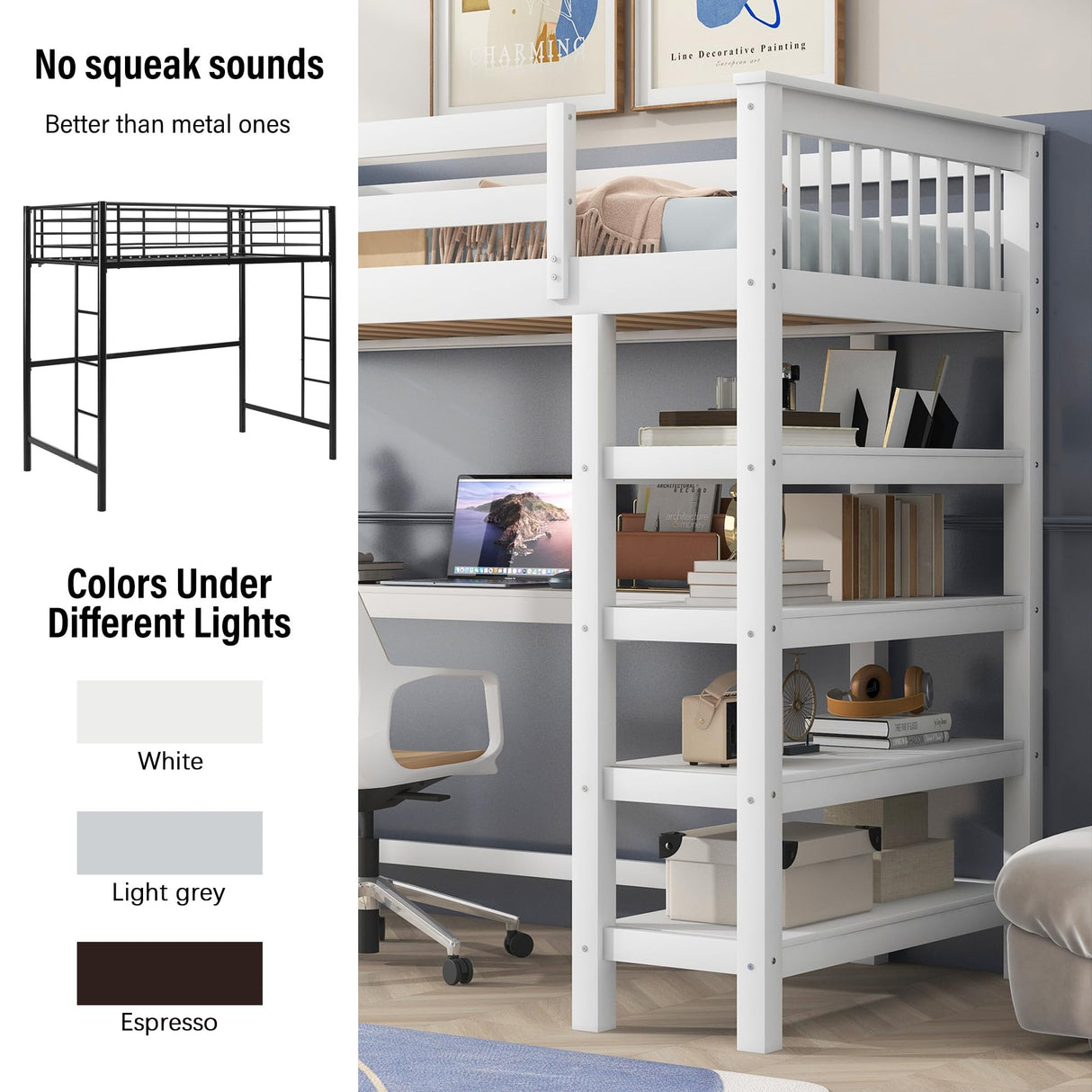 Merax Twin Size White Wood Loft Bed with Under-Bed Desk and 4 Storage Shelves Merax