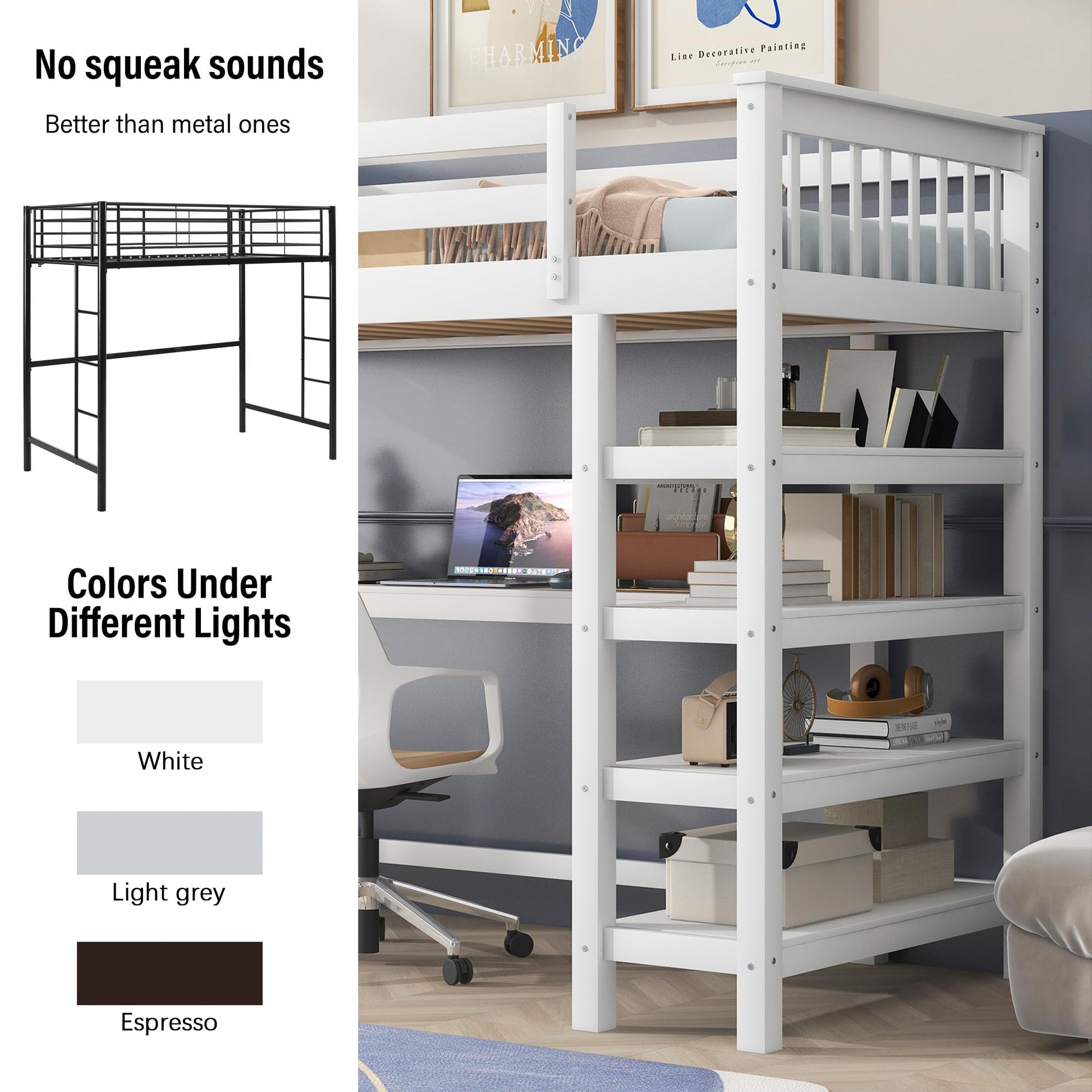 Merax Twin Size White Wood Loft Bed with Under-Bed Desk and 4 Storage Shelves - WoodArtSupply