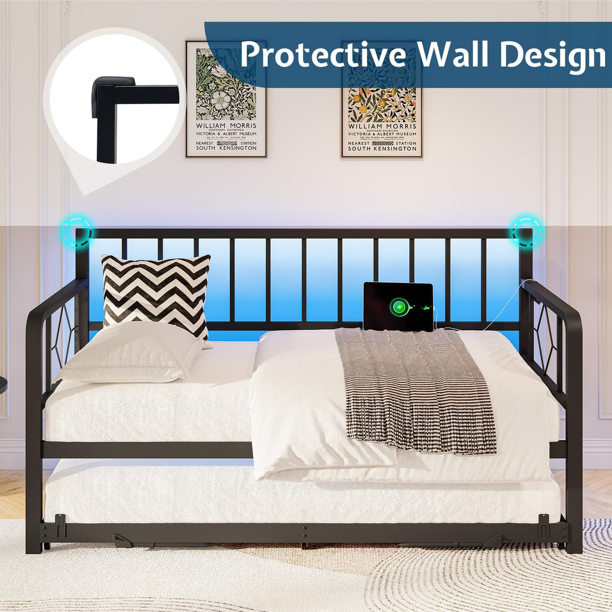 Jocisland DayBed with Charging Station and LED Lights, Metal Twin Daybed with Trundle, Versatile Sofa Bed Frame with Steel Slat Support for Living Room, Bedroom, Guest Room (Pure Black) Jocisland