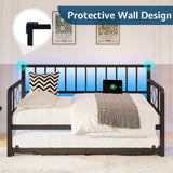Jocisland DayBed with Charging Station and LED Lights, Metal Twin Daybed with Trundle, Versatile Sofa Bed Frame with Steel Slat Support for Living Room, Bedroom, Guest Room (Pure Black) Jocisland