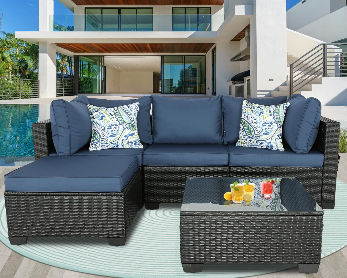 BPTD Outdoor Patio Furniture Set Balcony Furniture PE Rattan Wicker Outdoor Sectional with Washable Cushion for Garden, Poolside, Balcony, Backyard (Expresso-Navy, Coffee Table) BPTD