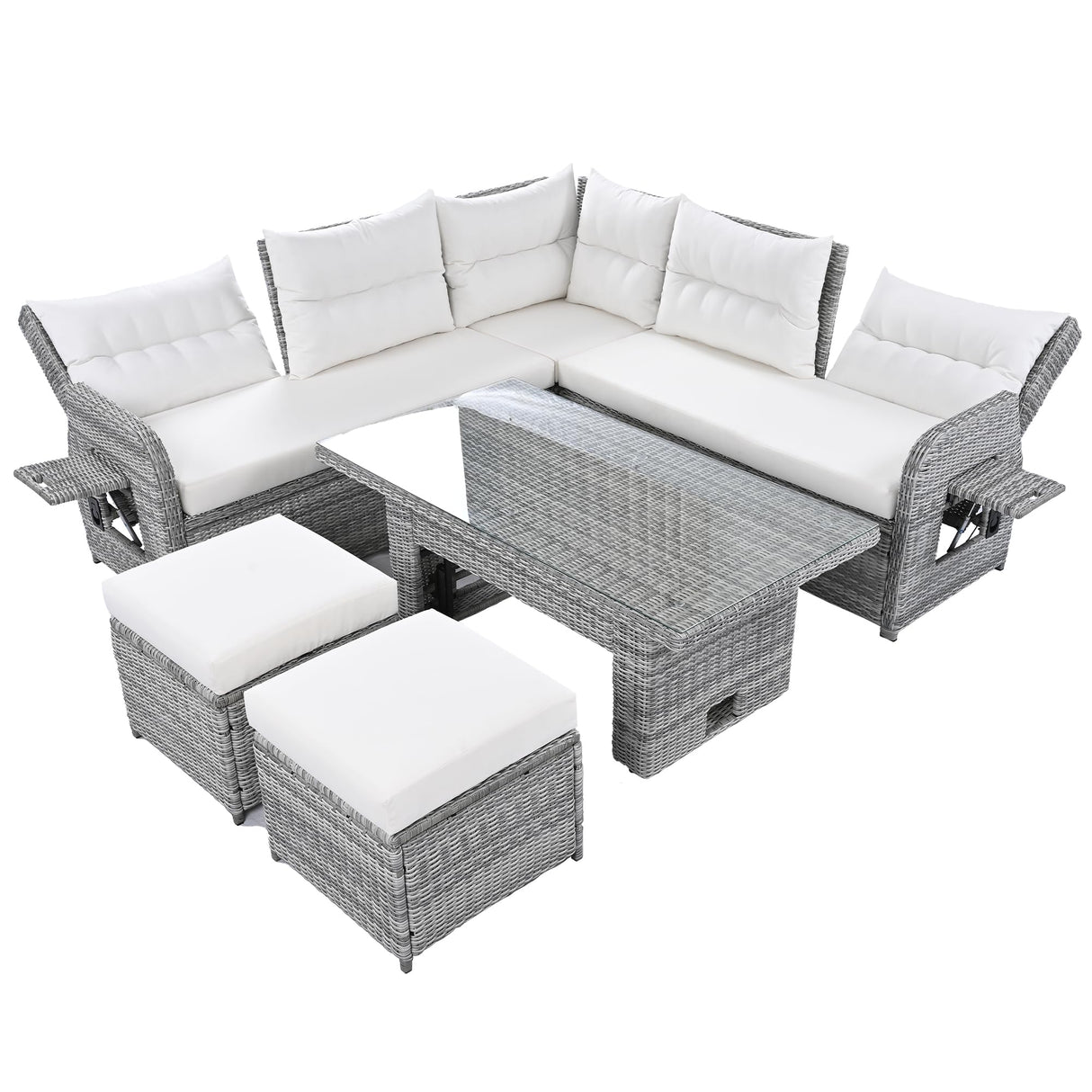 SOFTSEA 6-Piece Patio Furniture Set, Outdoor L-Shaped Sectional Recliner Sofa with 2 Ottomans, All Weather Cushions & Storage Table, Outdoor Conversation Set for Backyard, Beige SOFTSEA