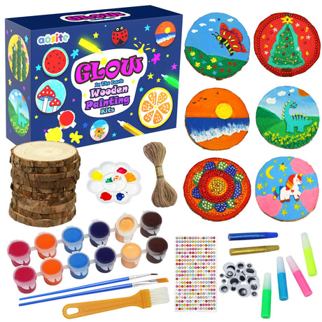 AOSITE Wooden Crafts Kit for Kids-Glow in The Dark-Arts and Crafts for Kids Ages 6-12, Wood Slices Painting Craft Activities Kits, Creative Art Toys for 6 7 8 9 10 11 12 Year Old AOSITE