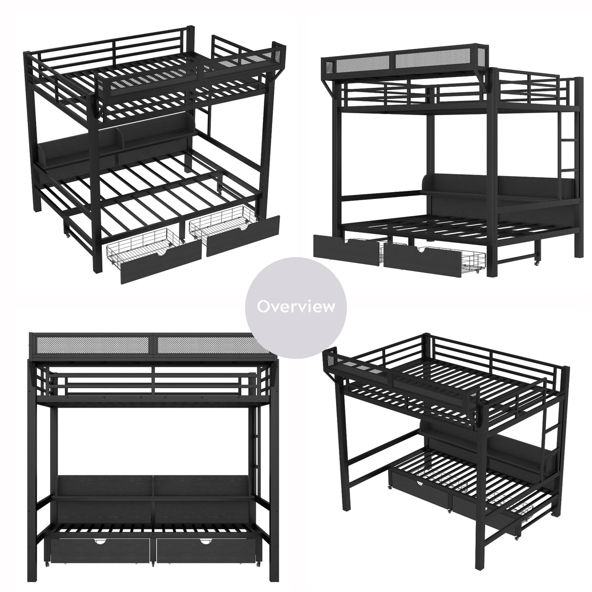 Full over Full Bunk Bed with Storage Shelves and Drawers, Metal Bunk Beds with Lights and USB Ports, Lower Bunkbed Can be Converted, for Guest Room, Bedroom, Dorms, Muti-function and Noise-Free, Black Bellemave