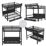 Full over Full Bunk Bed with Storage Shelves and Drawers, Metal Bunk Beds with Lights and USB Ports, Lower Bunkbed Can be Converted, for Guest Room, Bedroom, Dorms, Muti-function and Noise-Free, Black Bellemave