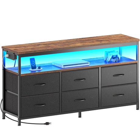 Huuger LED TV Stand for Bedroom, 47 Inch Dresser with Power Outlets, Entertainment Center for 55, 50, 43 Inch TV, 6 Drawer Dresser for Bedroom, Chest of Drawers with Shlef, PU Leather, Rustic Brown Huuger