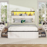 Yoobure Queen Bed Frame with Headboard - Farmhouse Wood Bed Frames Queen Size with 4 Storage Drawers, Platform Beds with Charging Station & LED Light, No Noise Double Bedframe, No Box Spring Needed Yoobure