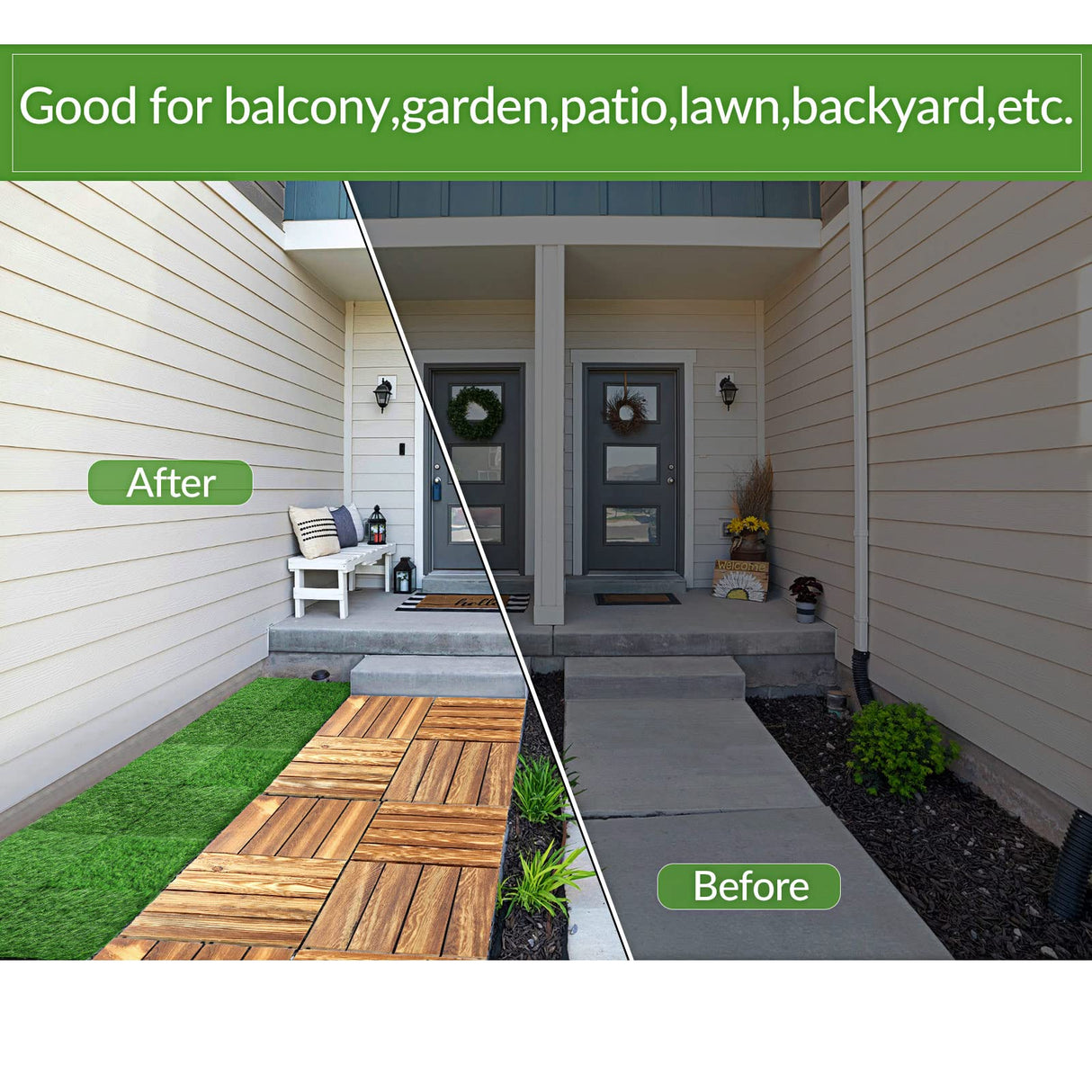 Menkxi 72 Pcs Hardwood Interlocking Patio Deck Tile and Artificial Grass Tile 12 x 12 In Waterproof Wood Flooring Tile Interlocking Turf Tile Outdoor Self Draining Tile for Balcony Garden Patio Lawn Menkxi