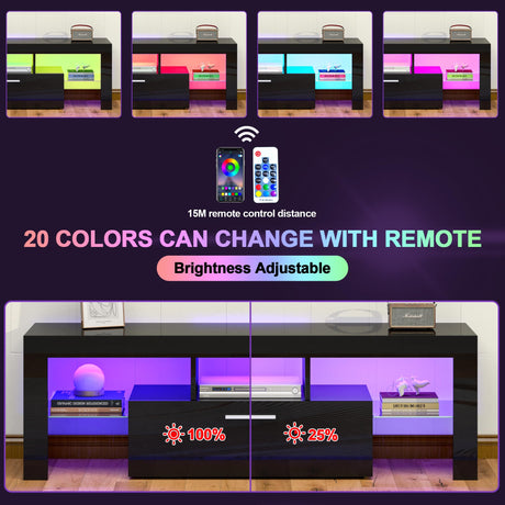 Clikuutory Black LED TV Stand with Large Storage Drawer for 32 40 50 55 Inch TVs, Modern High Gloss TV Console Table with Entertainment Center for Living Room, Bedroom, Black Clikuutory