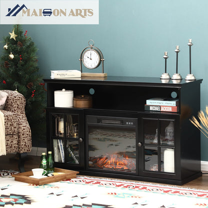 MAISON ARTS Glass Doors Fireplace TV Stand with Electric Fireplace Inserts 47" Farmhouse Media Console Table Entertainment Center for TVs Up to 55" for Home Living Room Bedroom, Black