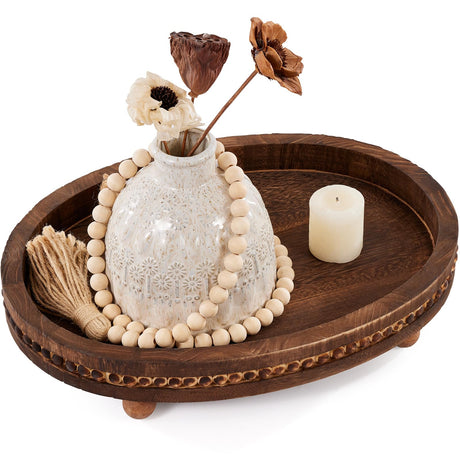 HouseJoy Wooden Decorative Tray-16×11.8" Oval Distressed Coffee Table Tray Decor ，Kitchen Dining Table Serving Tray Home Decor Thanksgiving Table Decor,Wood Beaded Farmhouse Tray for Bathroom Decor HouseJoy