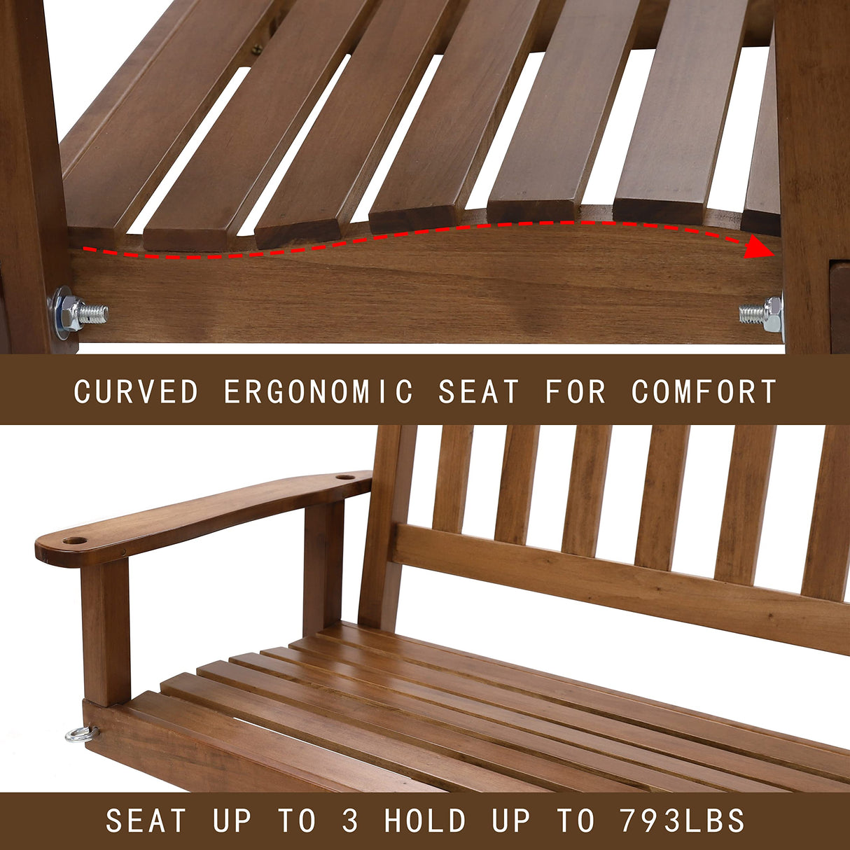 MUPATER Outdoor Patio Hanging Wooden Porch Swing 5FT with Chains, 3-Person Heavy Duty Swing Bench for Garden and Backyard, Wood Brown MUPATER