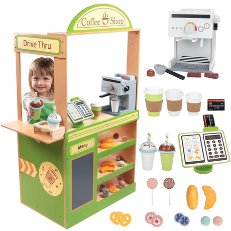 Pretend Coffee Shop Wooden Playset - Drive Thru Window Fun - Includes Frappuccino w Straws, Espresso Maker, Bread, Pastries, Rotating Cash Register, Coffee Cups, Apron- Over 25 Super Cute Play Pieces! Svan