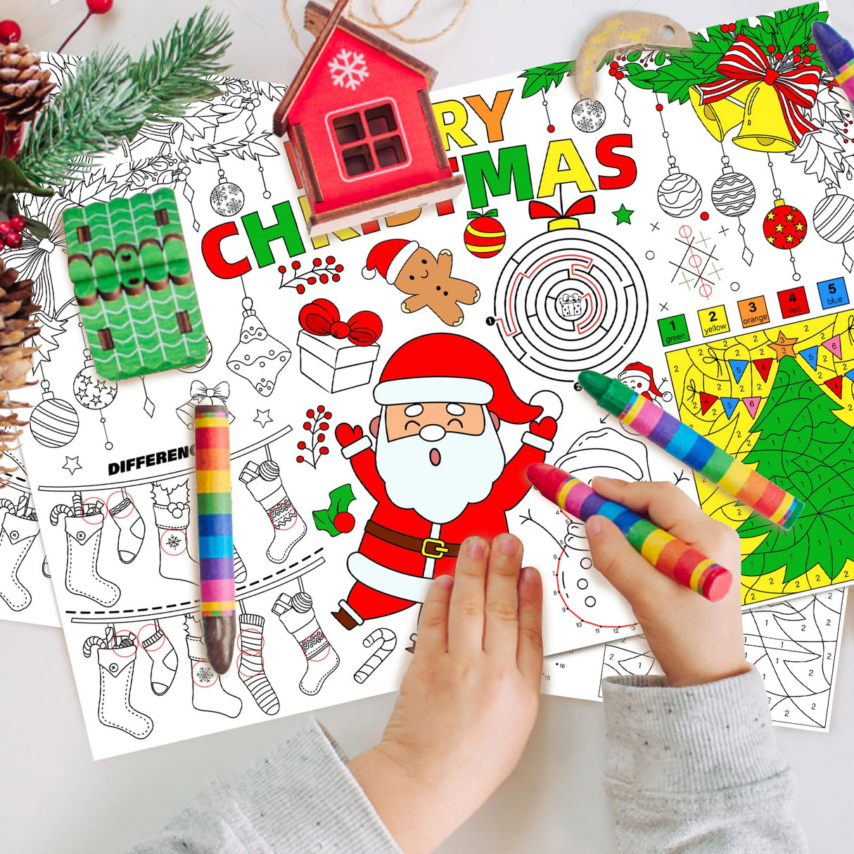 Disposable Santa Place Mats for Kids, 12 Pack - 17'x 11' Paper Table Mat Sheets for Merry Christmas School Party Decorations Gatherfun