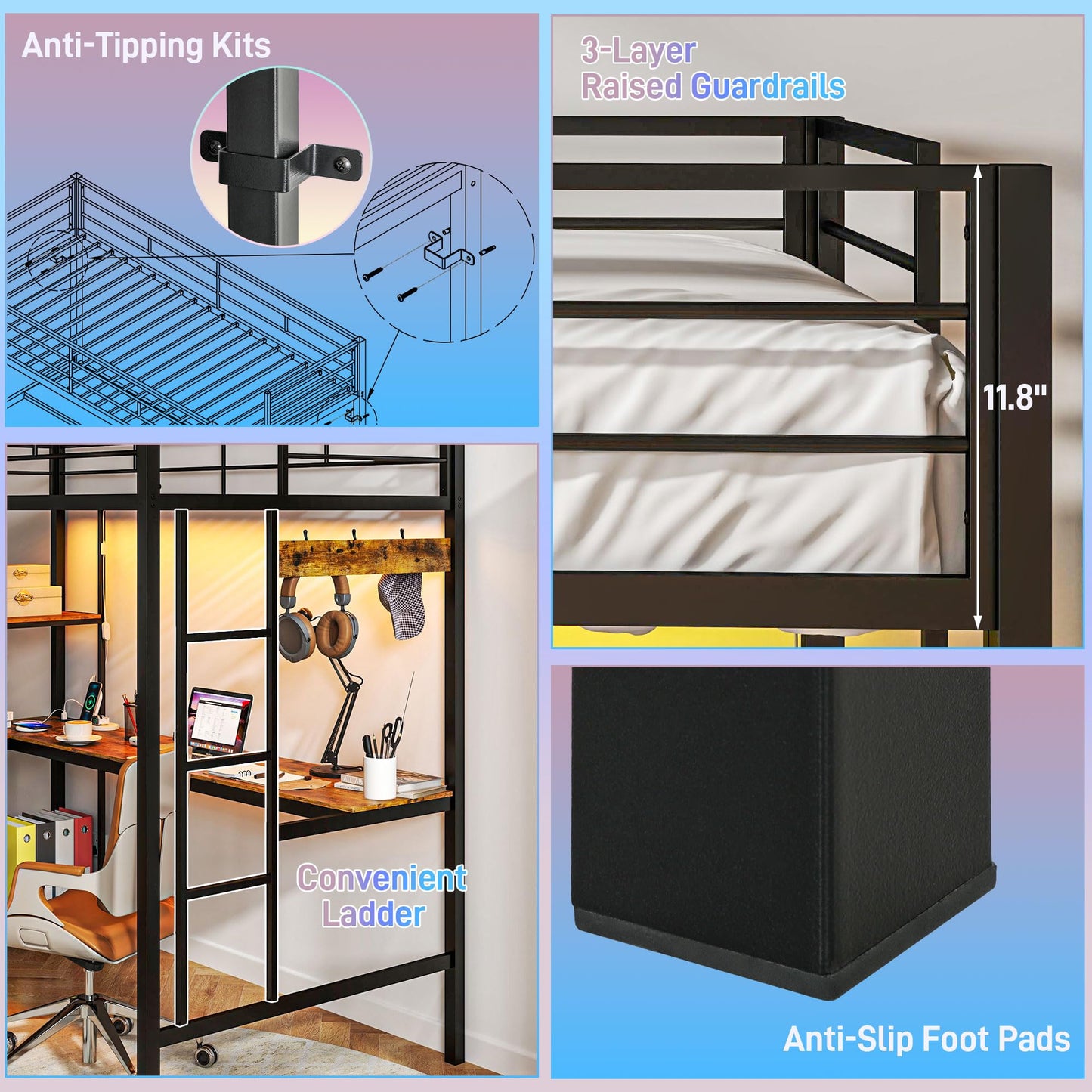 HOMCOM Metal Loft Bed Twin Size with L-Shaped Desk, LED Lights, Charging Station, for Teens Adults, Twin Loft Bed Frame with Fabric Drawers, Guardrail, Ladder, Noise Free, No Box Spring Needed, Black