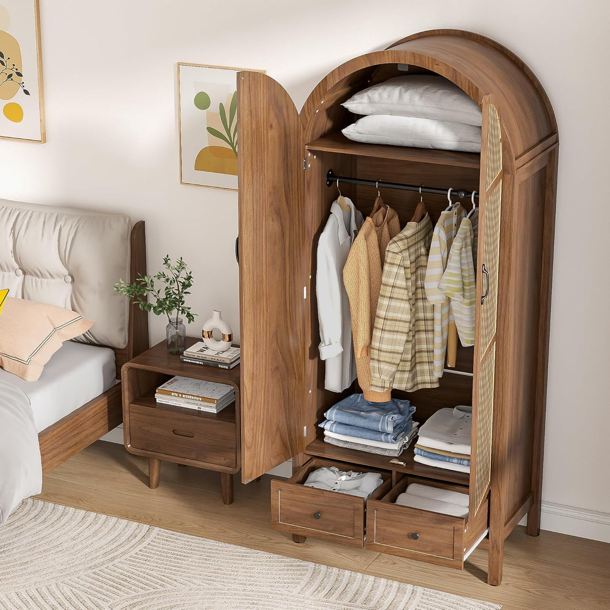 Lxsxlome Armoire Wardrobe Closet, Modern Wardrobe Closet with Drawers and 2 Arched Fluted Doors, 70.87‘’ Tall Wooden Bedroom Armoires with Shelves and Hanging Rod (1, Walnut) Lxsxlome