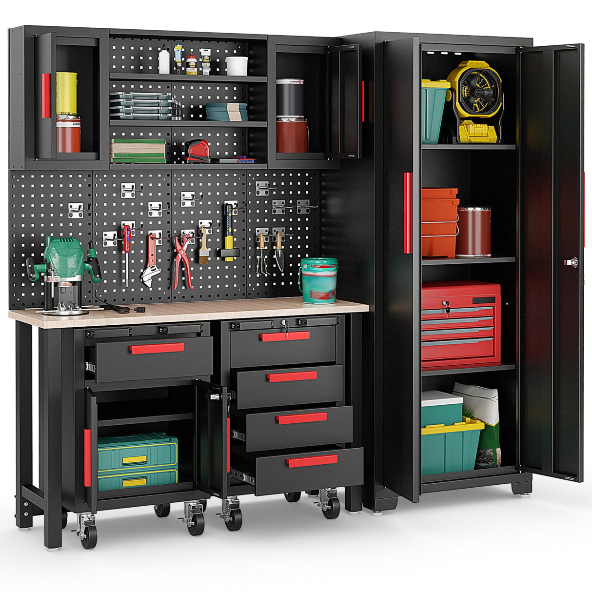Goplus Garage Cabinets and Storage System, 6-Piece Garage Organization Cabinets Set with Rubber Wood Worktop, Pegboard, 2 Rolling Chests, Lockers, Tool Storage Chest for Workshop, 81.5” x 18.5” x 76” Goplus