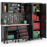 Goplus Garage Cabinets and Storage System, 6-Piece Garage Organization Cabinets Set with Rubber Wood Worktop, Pegboard, 2 Rolling Chests, Lockers, Tool Storage Chest for Workshop, 81.5” x 18.5” x 76” Goplus