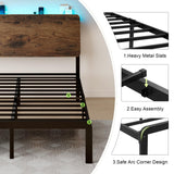 Feonase Full Size Bed Frame with Ergonomic Storage Headboard & Charging Station, LED Platform Bed Frame, Heavy Duty Metal Slats, No Box Spring Needed, Easy Assembly, Rustic Feonase
