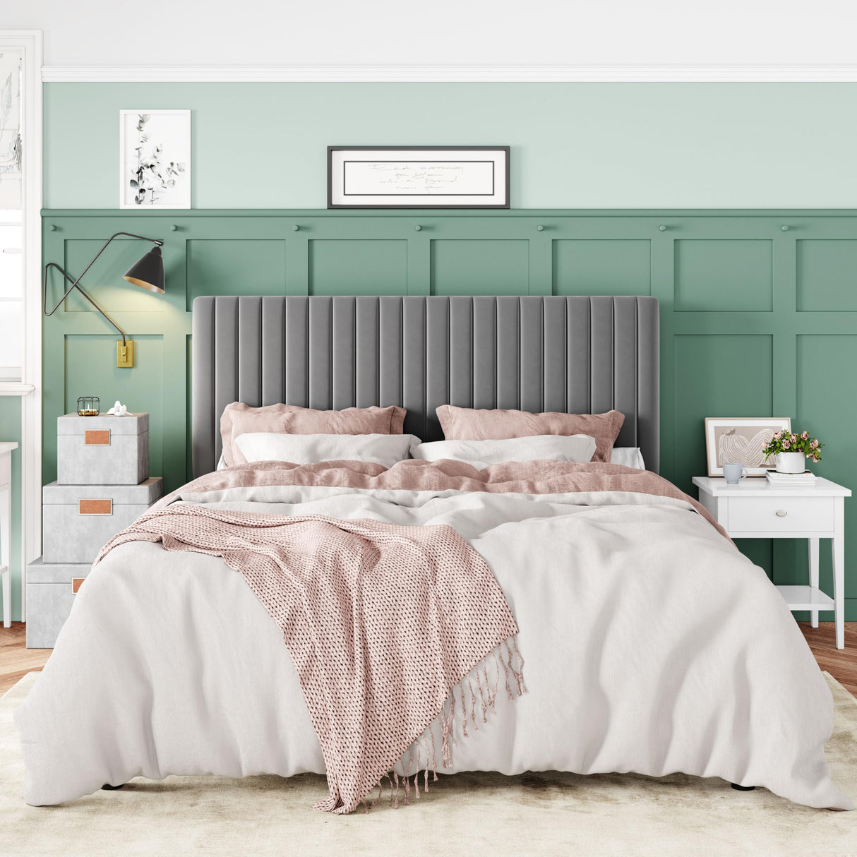 Allewie Full Bed Frame, Velvet Upholstered Platform Bed with Adjustable Vertical Channel Tufted Headboard, Mattress Foundation with Strong Wooden Slats, Box Spring Optional, Easy Assembly, Grey Allewie