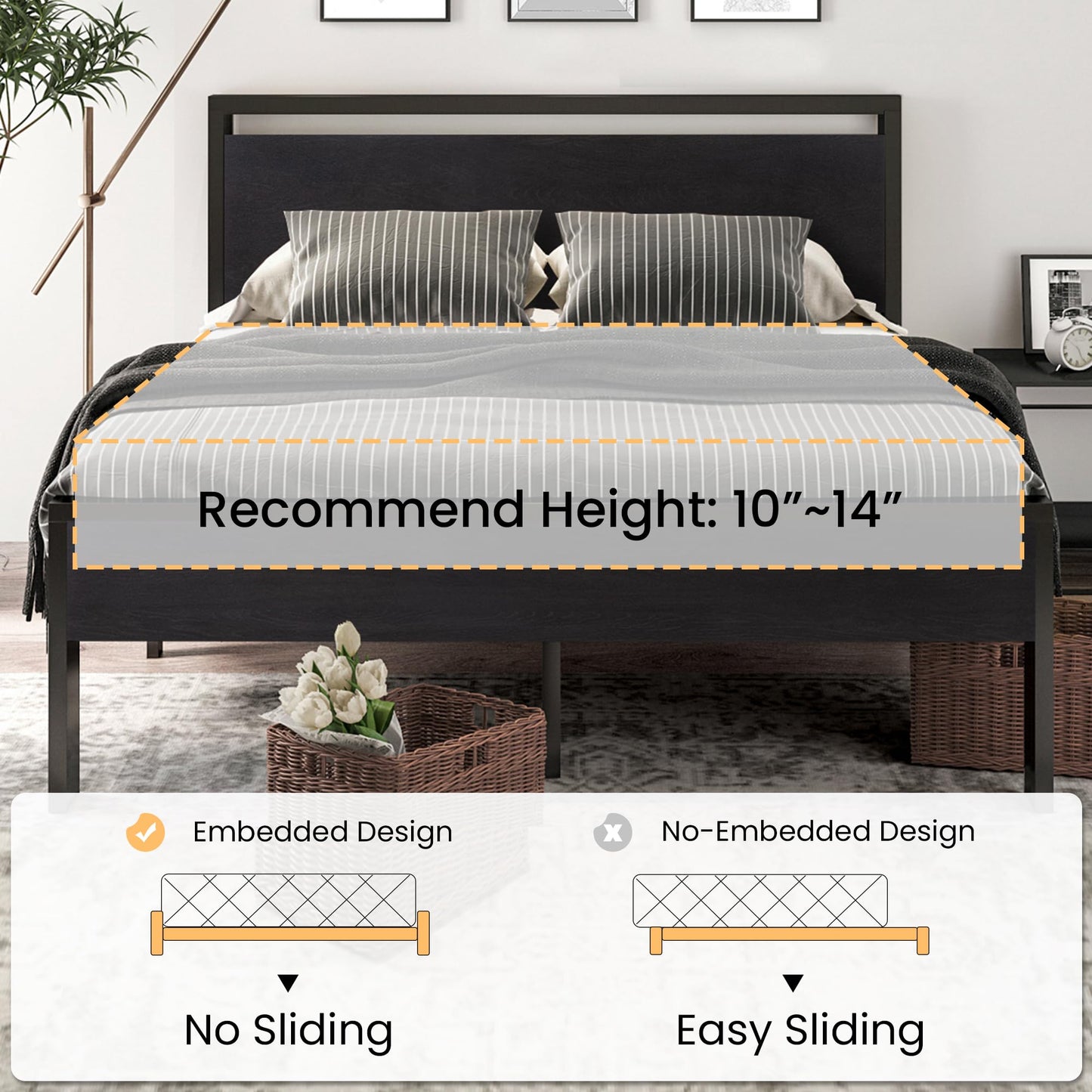 SHA CERLIN 14-Inch Queen Metal Bed Frame with Rustic Wooden Headboard – No Box Spring Needed, Large Under-bed Storage - WoodArtSupply