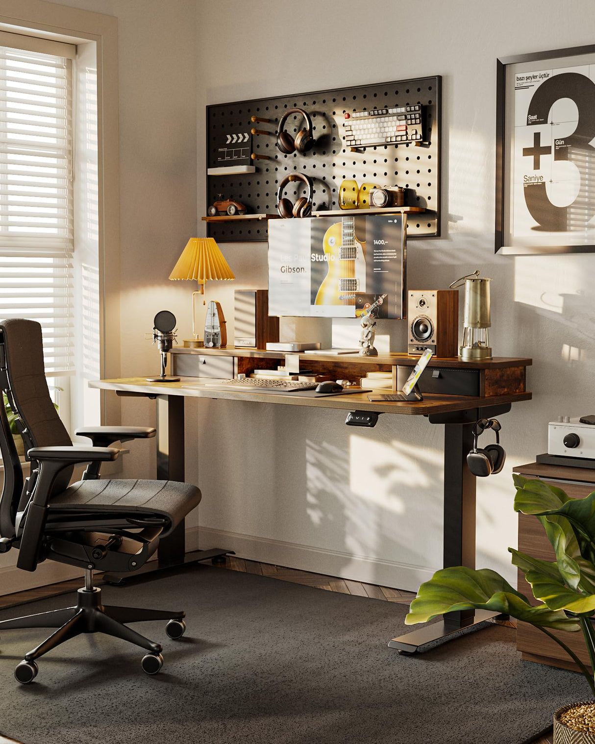 FEZIBO 48 x 24 Inch Height Adjustable Electric Standing Desk with Double Drawers, Stand up Desk, Home Office Computer Workstation with 4 Height-Adjustable Feets & 2 Hooks, Rustic Brown FEZIBO