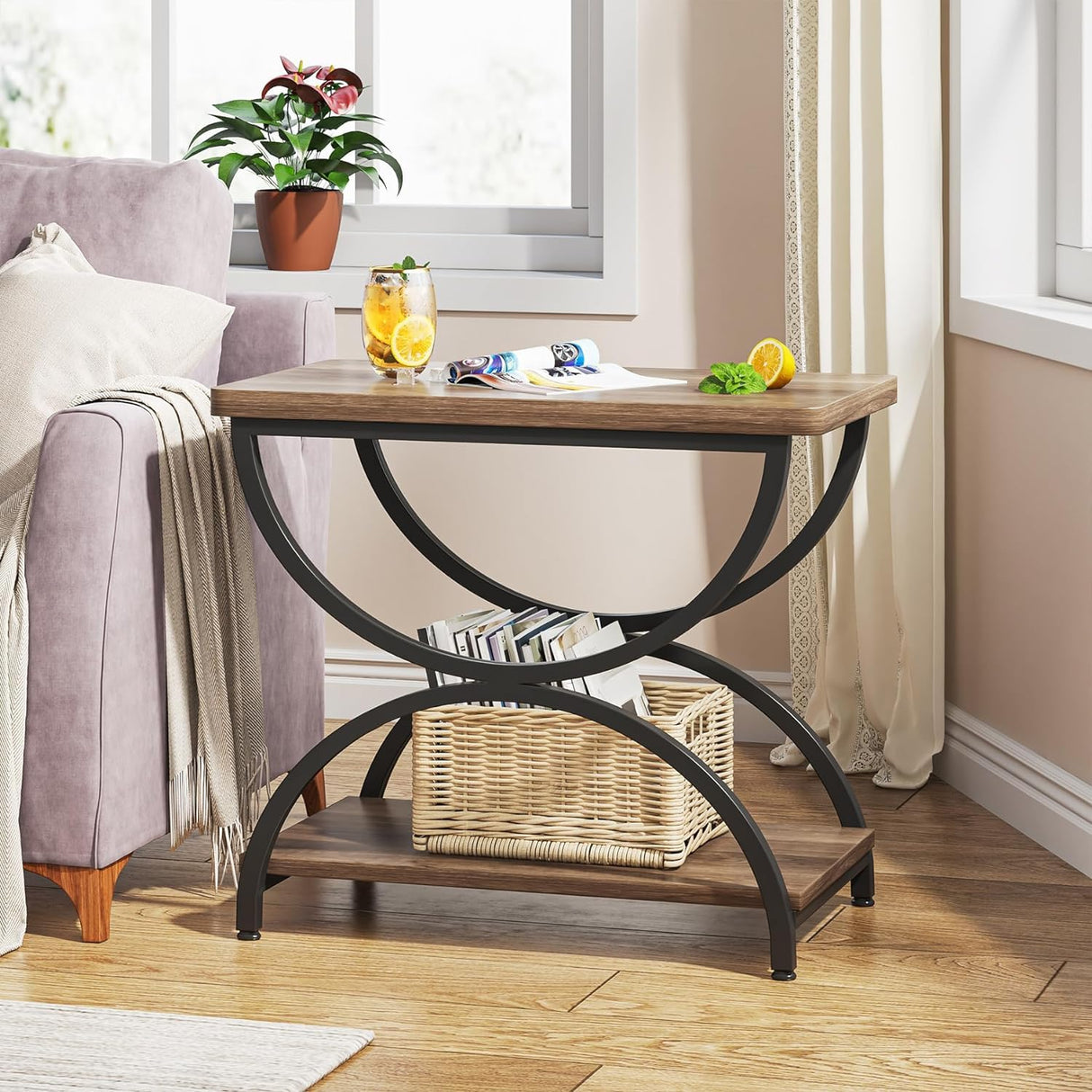 Tribesigns 2-Tier End Side Table with Stylish Metal Frame, Vintage Rectangular Bedside Nightstand for Bedroom, Wood and Metal Chair Side Tables Living Room (1, Brown Grey+Black) Tribesigns