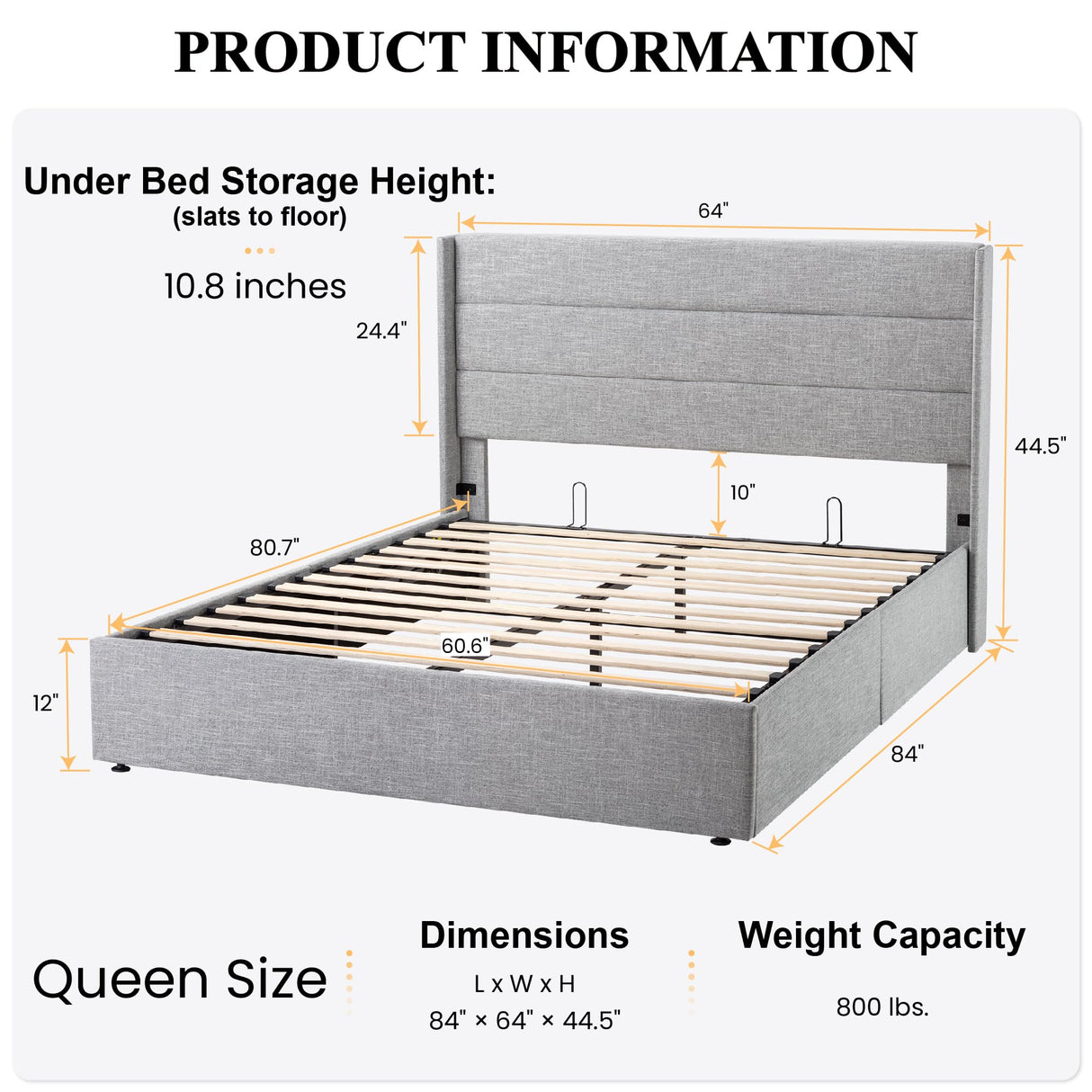 Queen Size Hydraulic Lift Storage Bed with Modern Wingback Headboard in Light Grey SHA CERLIN