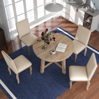 Harper & Bright Designs 5-Piece Farmhouse Dining Table Set Wood Round Extendable Dining Table and 4 Upholstered Dining Chairs (Natural Wood Wash)