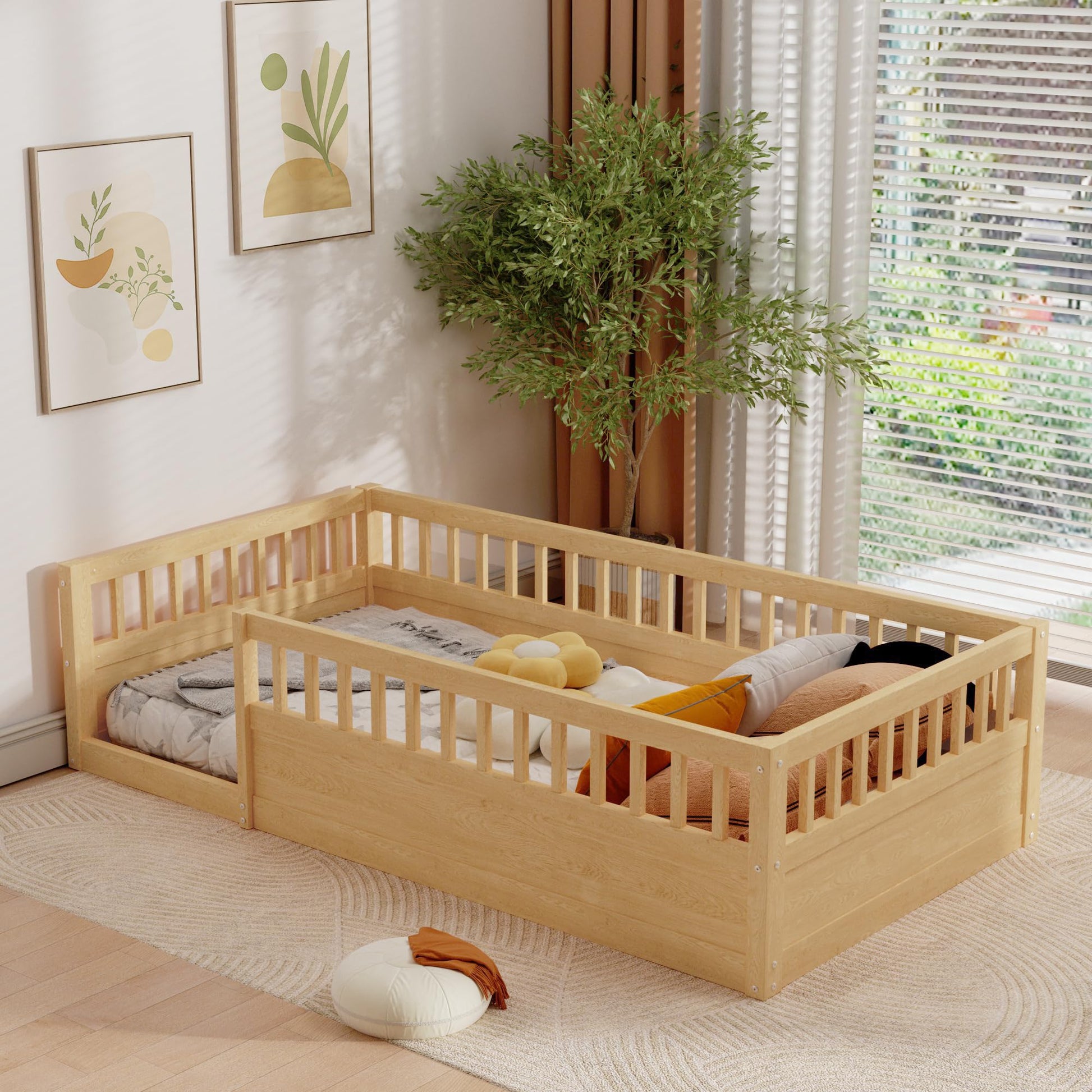 Mirightone Twin Size Montessori Floor Bed with High Fence Railings – Natural Wood Playhouse Design for Kids - WoodArtSupply