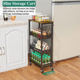 OKZEST Utility Slim Storage Cart, 4-Tier Narrow Bathroom Organizer and Storage Cart, Metal Narrow Kitchen Laundry Room Organization Rack with Wood Top, Slim Rolling Shelf with Wheels for Small Space OKZEST