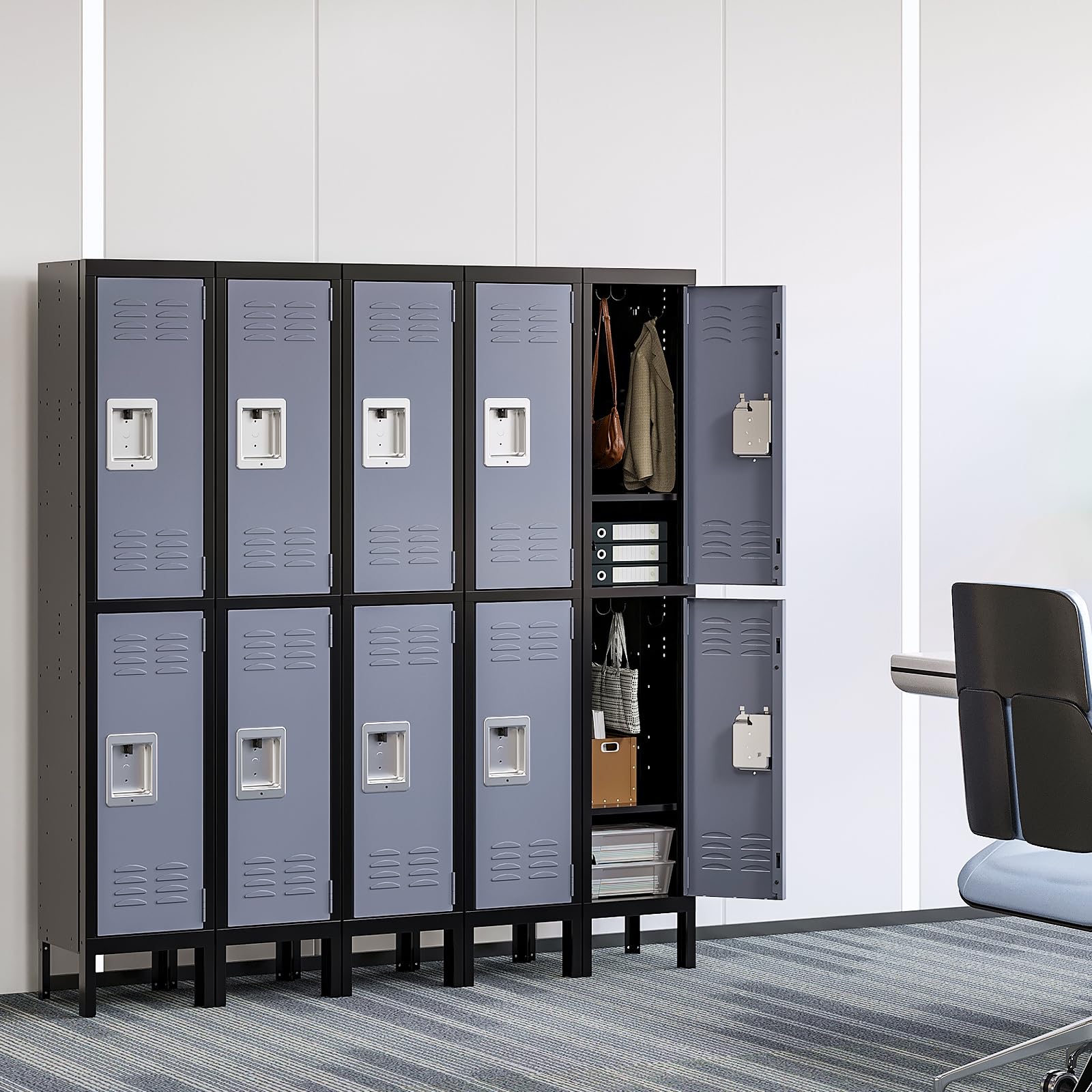 Yizosh Metal Lockers for Employees with Lock, Employees Locker Storage Cabinet with 2 Doors, Tall Steel Storage Locker for Gym, School, Office (Gray Black, 2 Door) - WoodArtSupply