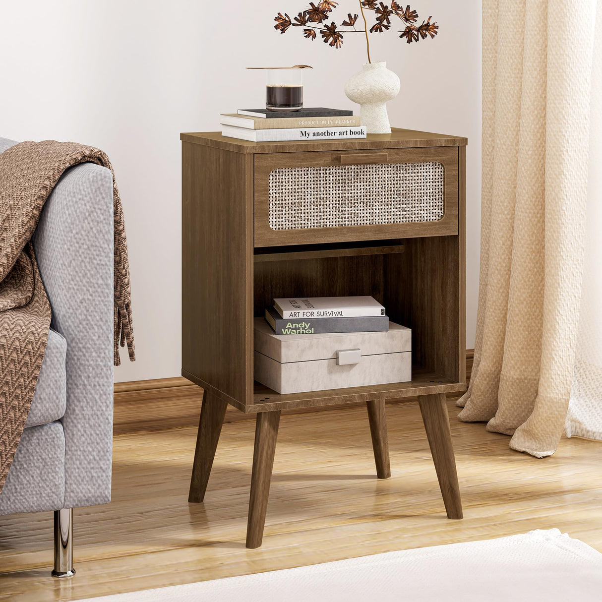 YAUKOMEL Rattan Nightstand,Mid Century Modern Bedside Table with Drawer,Wood Nightstand with Solid Wood Legs,End Table Side Table Accent Table for Living Room,Bedroom,Small Space Caramel Oak CTG62BR YAUKOMEL