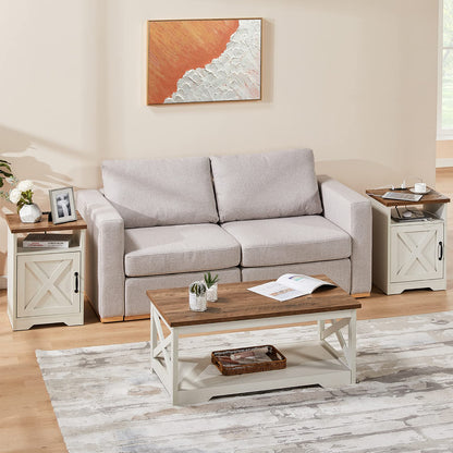 AMERLIFE 3-Piece Farmhouse Table Set Includes Coffee Table& Two End Tables, Side Table with Charging Station and USB Ports, for Living Room, Bedroom, Distressed White - WoodArtSupply