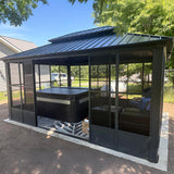 PURPLE LEAF 12' X 16' Solarium Sunroom Permanent Hardtop Screened Gazebo Galvanized Steel Double Roof Aluminum Outdoor Enclosed Gazebo for Hot Tub Lawn Deck Backyard Grey PURPLE LEAF