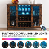 Assile Bar Cabinet with LED Lights, 47" Kitchen Cabinets Storage with Wine Rack and Glass Holder, Coffee Storage Cabinets with Doors, Rustic Compartment Retro Brown Assile