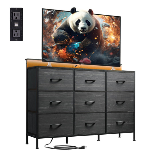 WLIVE Led Dresser for Bedroom, Wide Black Dresser TV Stand for Bedroom with LED Lights and Power Outlet, Chest of Drawers for Clothing, 9 Fabric Drawers and Wood Top for Living Room, Entryway